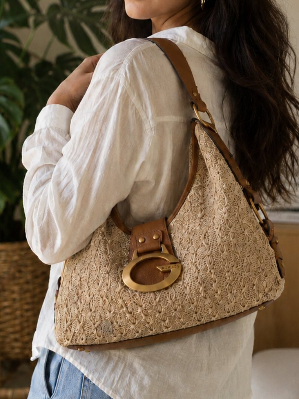 Guess Camden Medium Woven Straw Shoulder Bag Tan Leather Trim Boho Summer